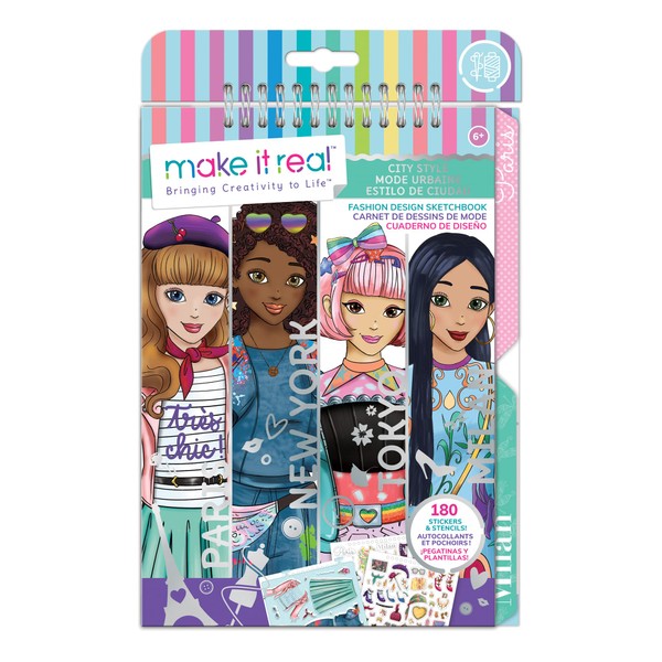 Make It Real City Style Inspired Fashion Sketchbook with Stencils and Stickers for Creativity - Kids Arts and Crafts Colouring Book - Girls Gifts