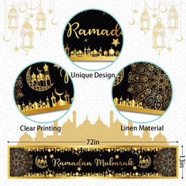 Ramadan Mubarak Table Runner, Ramadan Decorations for Home Table Black Gold Table Runner Ramadan Mubarak Table Decorations Mubarak Table Cover Decorations for Dining Islamic Party Supplies, 180 x 35cm