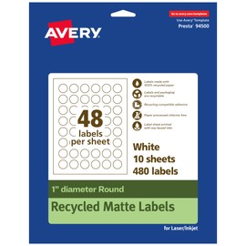 Avery EcoFriendly Matte White Recycled Round Labels, 1" Diameter, Print-to-The-Edge, Matte White Labels, Permanent Label Adhesive, Laser/Inkjet, 480 Printable Labels
