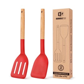 Pack of 2 Silicone Cooking Spatula, Heat Resistant Solid Turner, Non Stick Slotted Spatulas with Wooden Handle,Ideal Wood Kitchen Utensils Set for Frying, Baking, Flipping, Turning (RED)