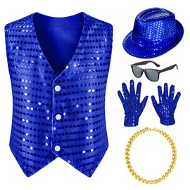 Kids Dance Hip Hop Jazz Costume Boys Sequin Vest Hat Sunglasses Set for Dance Party 7-8 Years Blue