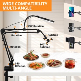 Adjustable Overhead Phone Mount with Ring Light, Phone Arm Stand 3 Light Colors+10 Brightnesse, Desk Tripod 360°Rotatable Phone Holder for YouTube Live Stream Cooking Nail Video Recording