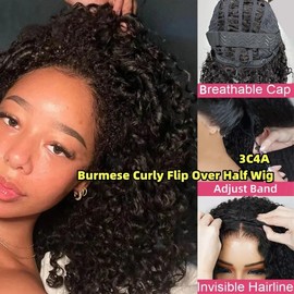 Half Wig Human Hair for Women 22 Inch Burmese Curly Glueless Clip-In Wigs 250% Density 3 IN 1 Half Wigs Flip Over Beginner Friendly Go Drawstring Wig No Glue No Sew Natural Color & Easy Install