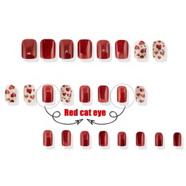 Short Square Dark Red Love Heart Press on Nails Valentines Acrylic Fake Nails Glossy Red Cat Eye False Nails Steel Ball Stick on Nails Romantic Gift Gel Glue on Nails for Coquette Women Girls 24Pcs