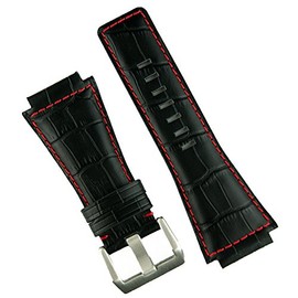B & R Bands Bell & Ross BR01 BR03 Black Gator Red Stitch Leather Watch Band Strap - Medium Length