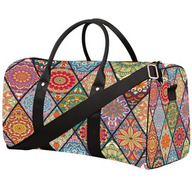 Ethnic Mandala Rainbow Travel Duffle Bag Sports Gym Bags for Women Men Weekender Overnight Bags Waterproof Carry On Tote Bag Workout Bag for Dance Swimming Yoga Hospital
