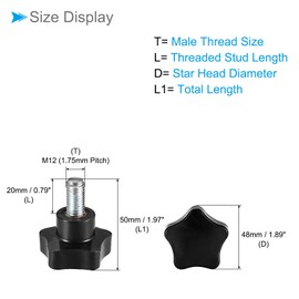 CoCud Star Clamping Knobs, M12 x 20mm Male Thread 48mm Head, Plastic Thumb Screw Grip Hand Knobs Threaded Bolt Black - (Applications: for Lathe Machinery), 1-Piece