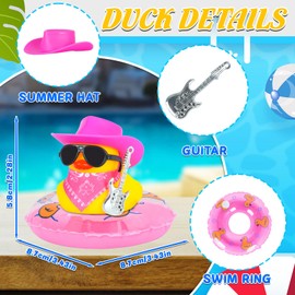 Cow-boy Rubber Duck Car Ornaments Squeaky Pink Duck Car Dashboard Decorations Party Favors Ducky with Mini Guitar Sunglasses Bandanas,Pink Swim Ring