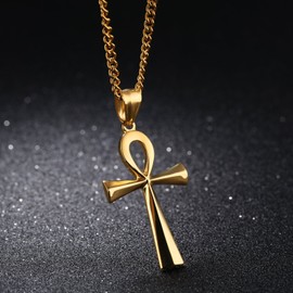 HUANIAN Men's Stainless Steel Coptic Anka Cross Religious Pendant Necklace, 24" Curb Chain,Gold