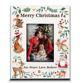 BELLA BUSTA- Merry Christmas Theme Picture Frame- Joy, Peace, Love, Believe- Woodland Animal Christmas Theme-UV Print (4x6 VERTICAL)