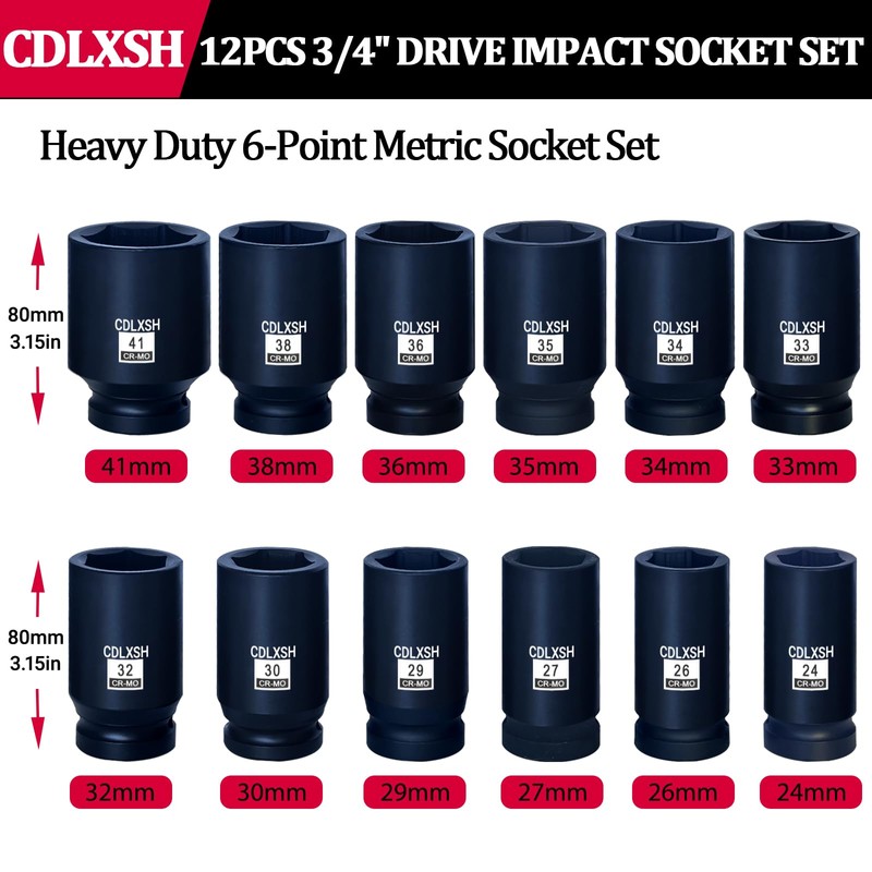 CDLXSH 3/4 Inch Drive Impact Socket Set, 12 Pcs Metric