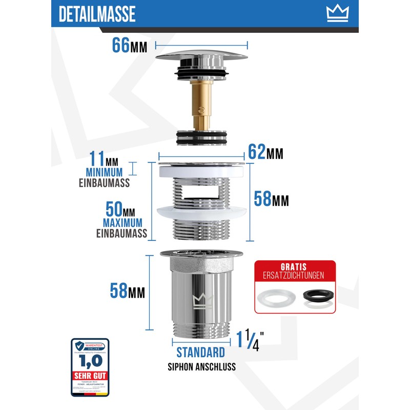 FEINER Sink Drain Fitting with Overflow + Siphon Sink Set