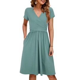 OUGES Women's Summer Short Sleeve V Neck Midi Dress with Pockets Maternity Clothes Nursing Dresses 2025(Gray Blue,M)