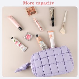 lllyan Quilted Puffy Waterproof Makeup Bag for Women - Large Capacity Travel Toiletry Organizer with Multi-Compartment & Plush Lining, Cute Portable Cosmetic Pouch for Daily/Trip Use（Purple）