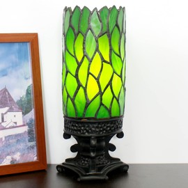 Small Tiffany Table Lamp Mini Stained Glass Desk Lamp Tiffany Style Sympathy Memory Table Lamp with Cylindrical Shade 4X10Inch (Green Wisteria Leaf Style)