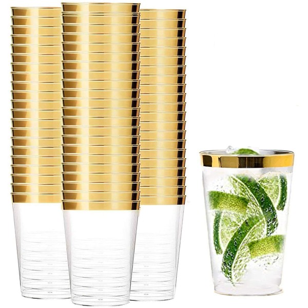 Tebery 100 Pack Clear Plastic Cups Party Glasses, 16Oz Disposable Cups Plastic Tumblers, Elegant Party Tumblers Cups Wedding Cups with Gold Rim