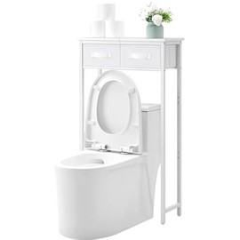 MOHOPE 2-Tier Over The Toilet Storage with 2 Fabric Drawers, Freestanding Above The Toilet Storage Cabinet, Space Saver Metal Over Toilet Bathroom Organizer Shelf for Small Space, White