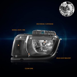 PM PERFORMOTOR PMHL-CCAM-1013-BC Black Housing Clear Corner Pair of Headlights Replacement Compatible with 2010-2013 Camaro Halogen Type
