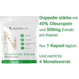 Olive Leaf Extract, 120 Capsules, 500 mg with 40% Oleuropein, High Dose Vegan Olive Leaf Extract, Allergen, Gluten Free Olive Leaf Extract, Made in ISO Certified Companies Nootrovita