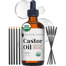 Castor Oil (4oz), USDA Certified Organic, 100% Pure, Cold Pressed, Hexane Free by Kate Blanc. Stimulate Growth for Eyelashes, Eyebrows, Hair. Skin Moisturizer & Oil Cleanse. FREE Starter Kit