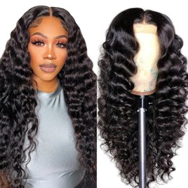 SupWig Deep Wave Human Hair Wig, 13x4 HD Lace Front Wig, Raw Human Hair, Pre-Plucked Hairline, 200 Density, Soft, Glueless, Natural Color For Women 28 Inch