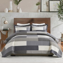 Finlonte Queen Quilt Bedding Set - 100% Cotton Queen Quilt Sets with 2 Pillowshams, Farmhouse Plaid Stripe Quilted Bedspread, Lightweight Soft Comforter for All Season, Charcoal/Brown/Beige/Gray