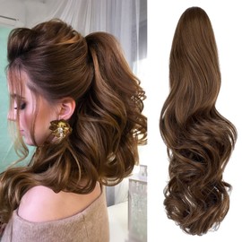 Leterly Ponytail Extension Clip in Claw 18" Curly Wavy Pony Tails Clip-on Long Hairpiece Jaw for Women Light Chestnut Brown