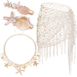 Huquary 4 Pcs Summer Mermaid Costume Women Beach Crochet Skirt Sarong Swimsuit Cover up Shell Necklace Hair Clip, Party Body Mermaid Costume Accessories for Cosplay White, Gold
