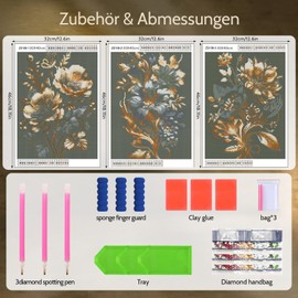 Pack of 3 Diamond Painting Flowers for Adults, Diamond Painting Kits for Adults, Diamond Painting Adults for Crafts, Diamond Painting for Home Decoration, DIY Diamond Painting Set (30 x 40 cm)