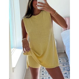QIBABU Womens Knit Pajamas Sets 2 Piece Outfits Casual Sleeveless Sweater Tank Top Shorts Loungewear Lounge Sets(2126-Yellow-S-QB)