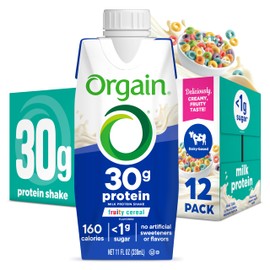 Orgain 30g High Protein Shake, Dairy Isolate Milk Protein, Fruity Cereal, 6g BCAAs, <1g Sugar Per Serving, Meal Replacement, Ready to Drink, Keto Friendly, Gluten-Free 11 Fl Oz (Pack of 12)
