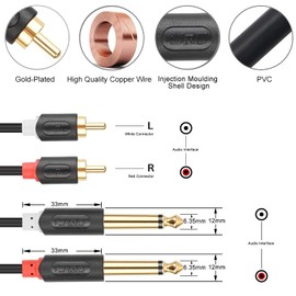 J&D Dual 1/4 inch TS to Dual RCA Stereo Audio Interconnect Cable, Gold Plated Audiowave Series 2 x 6.35 mm Male TS to 2 RCA Male PVC Shelled Adapter Cable, 9 Feet