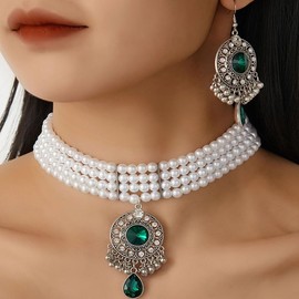 Layered Pearl Rhinestone Round Pendant Short Choker Necklace Earrings Wedding Bridal Elegant Women Jewelry Set Vintage Indian Waterdrop Crystal Antique Oxidized Jingle Bell Tassel Charm Collar Party,