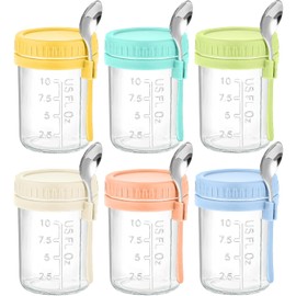DRKIO 6 Pack Overnight Oats Containers with Lids and Spoons 16 Oz Glass Mason Jars for Overnight Oats Leak Proof Oatmeal Container Great for Cereal Fruit Vegetable Milk Salad Yogurt Meal Prep