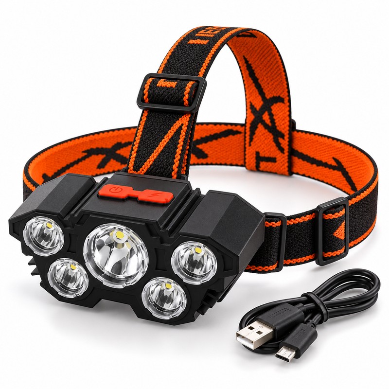 5 LED Rechargeable Headlamp, USB Charging Head Light with Adjustable