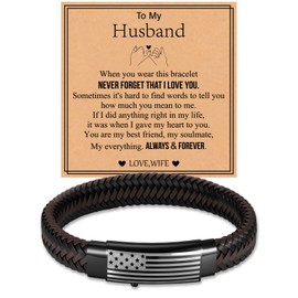 KLIFOWDY Gifts for Husband from Wife Leather Bracelet for Men American Flag Mens Bracelet with Card Adjustable Leather Cuff Bracelets for Men Jewelry Gifts