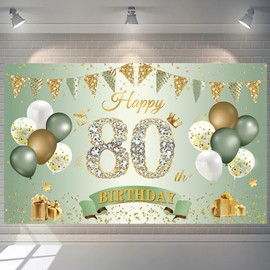 80th Birthday Banner Women Men Decoration Green Gold 80 Background Banner 80 Years Birthday Banner Extra Large Fabric Sign Poster for 80th Birthday Party Decoration