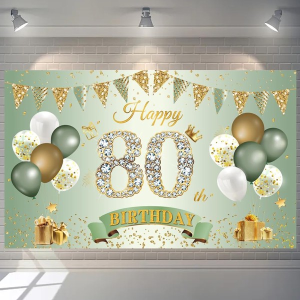 80th Birthday Banner Women Men Decoration Green Gold 80 Background