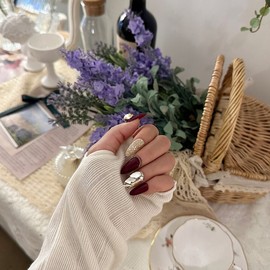 Burgundy & Gold Glitter Full Parts Handmade Nail Tips - Short Ballet / 버건디&골드글리터 풀파츠 수제네일팁 - 숏발레