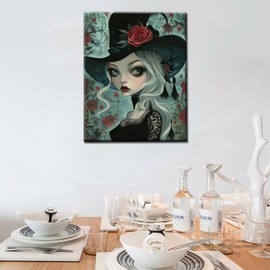 Witch Girl Wearing Black Hat Paint by Number Kits 16 x 20 inch Female Lady Canvas DIY Oil Painting for Kids Adults Red Rose Digital Art Beginner with Brushes and Acrylic Art Home Decor(Frameless)