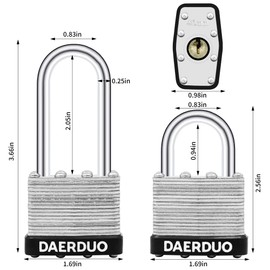 DAERDUO 12 Pack 40 mm (1-9/16") Keyed Alike Laminated Padlocks with 24 Keys, Hardened Steel Long Shackle, Heavy-Duty Locks for Gym Lockers, Toolboxes, School Lockers, and Hasp Latches