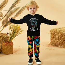 HINTINA Toddler Boys Dinosaur Long Sleeve Hoodie Tops Sweatsuit Pants Winter Outfit Set (Black + colored dino,2-3T)