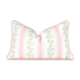 Hofdeco Premium Coastal Patio Indoor Outdoor Lumbar Pillow Cover Only, 12"x20" Water Repellent for Backyard, Couch, Blush Pink Print Stripe Floral