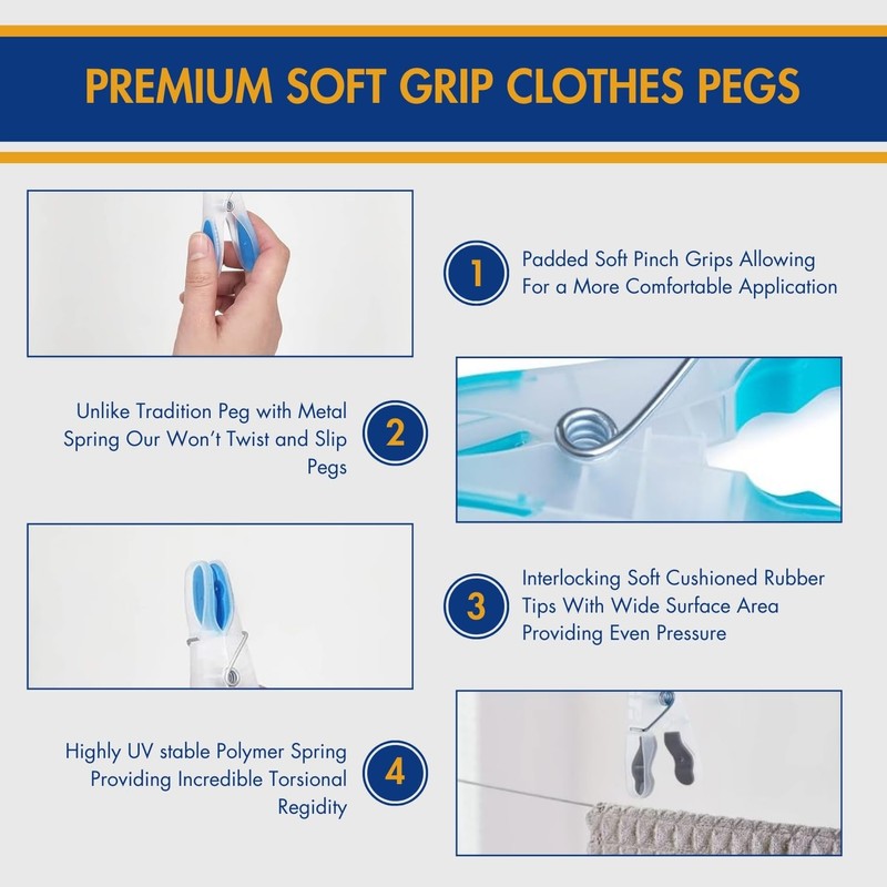 Soft Grip Clothes Pegs for Washing Line Multi-Coloured Strong Non