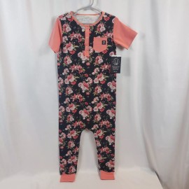 RAGS Black Romper with Roses and Salmon colored Short Sleeves 5-6Y