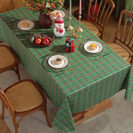 SASTYBALE Christmas Tablecloth Rectangle, Vinyl Tablecloths with Buffalo Plaid Plastic Wipeable Waterproof & Anti-Slip Table Cover for Winter, Xmas, New Year Holiday(Green, 60" x 84"(6-8 Seats))