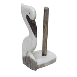Hand Carved White Pelican Paper Towel Holder Wood Carving Nautical Statue Kitchen Gadget Sculpture
