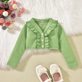 Toddler Little Girl Sleeveless Floral Spring Summer Dress Long Sleeve Waffle Ruffle Cardigan Shrug Set 2 Years Preschool Fall Winter Casual Outfits, 2-3T, Light Green