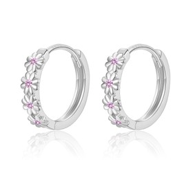 VYYU Silver Hoop Earrings for Women Girls - Sterling Silver Earrings, Silver Flower Earrings Hypoallergenic Huggie Earrings | Sleeper Earrings Jewellery Gifts Christmas Birthday Gifts, Pink