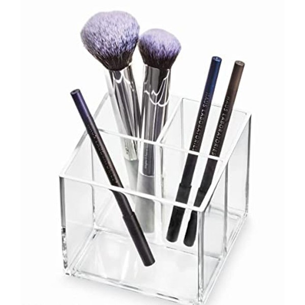 iDesign Sarah Tanno Signature Series make-up and brush holder with 3 compartments made from plastic, make-up container for brushes, liner, lipsticks, transparent, 10.4 x 10.7 cm.